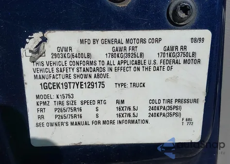 2000 Chevrolet Silverado 1500 Ls from USA, damaged, VIN 1GCEK19T7YE129175